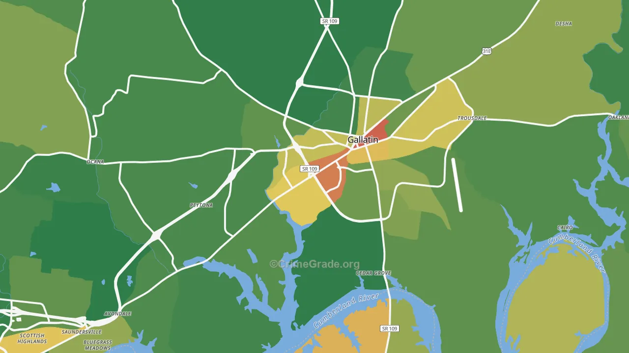 Gallatin, TN Map of Robbery Rates