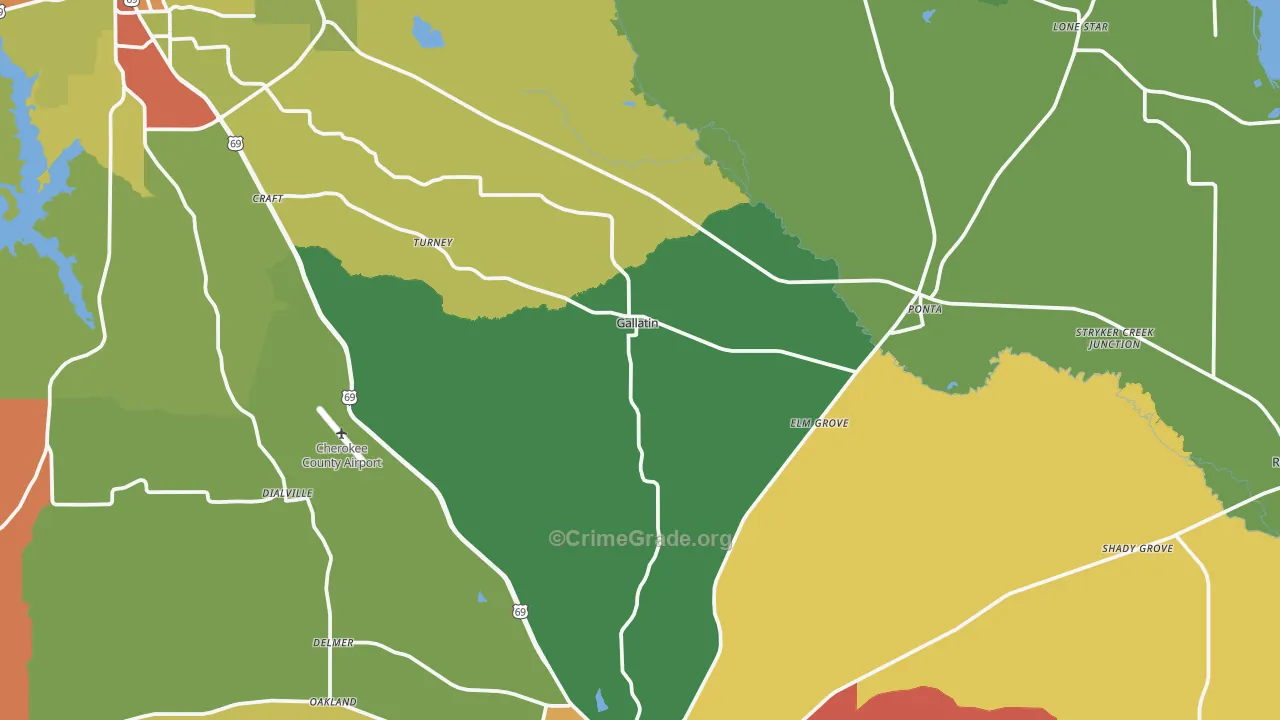 Gallatin, TX Map of Robbery Rates