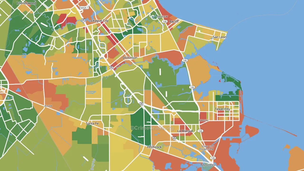 Galveston County, TX Map of Robbery Rates