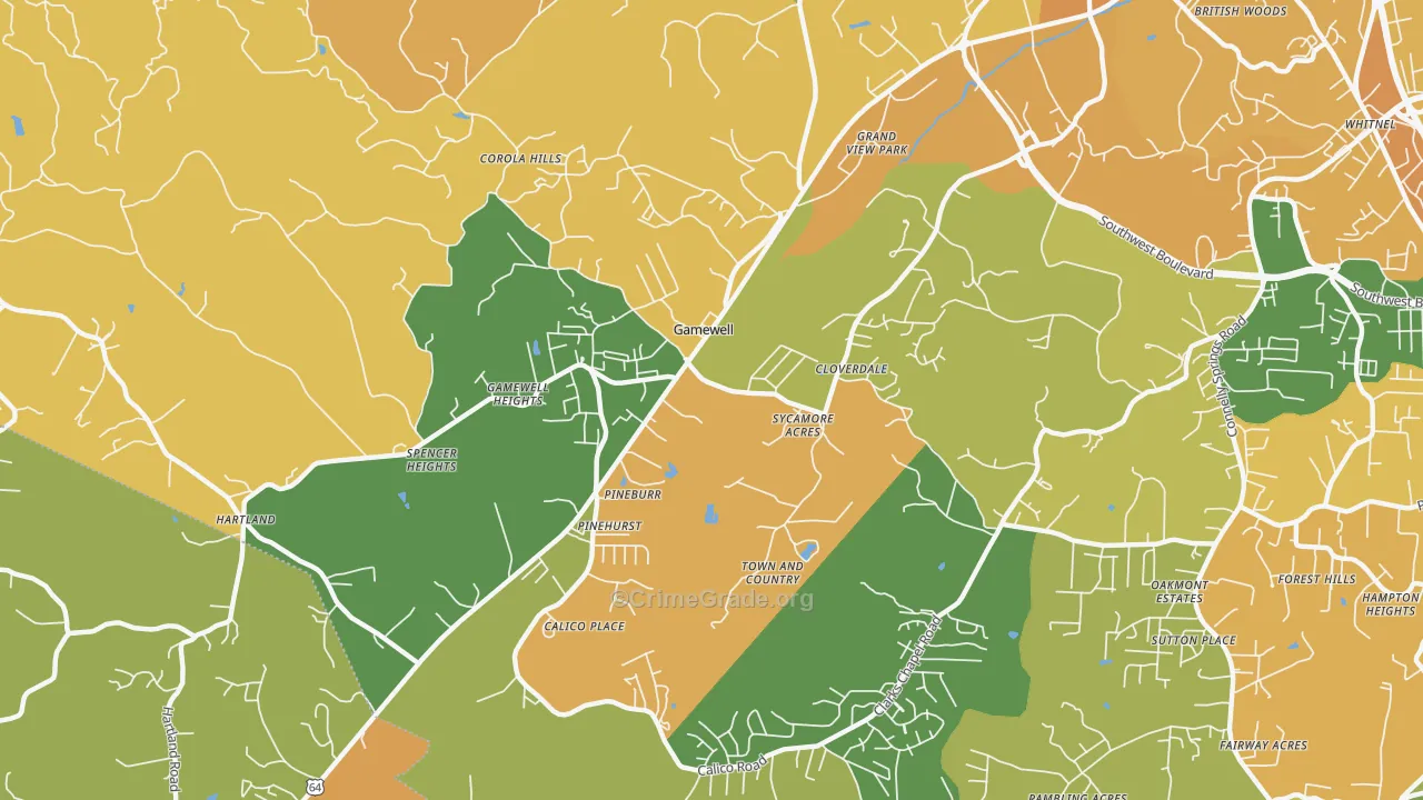 Gamewell, NC Map of Robbery Rates