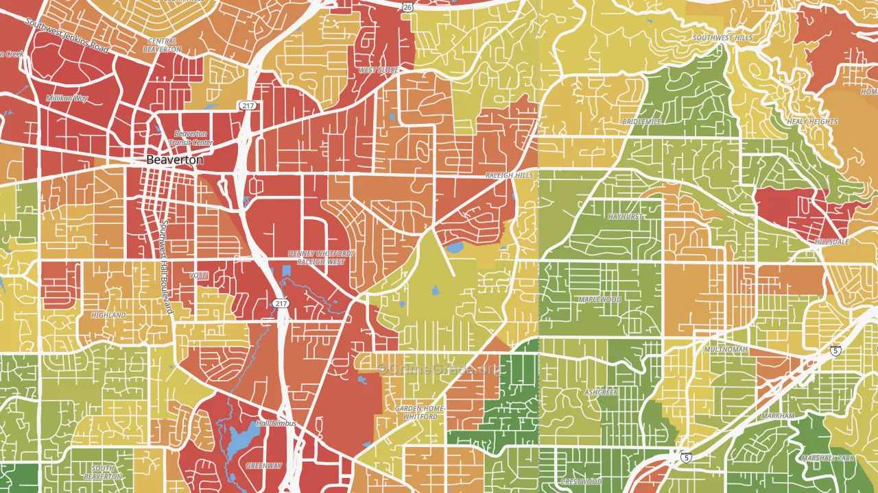 Garden Home-Raleigh Hills, Portland, OR Map of Robbery Rates