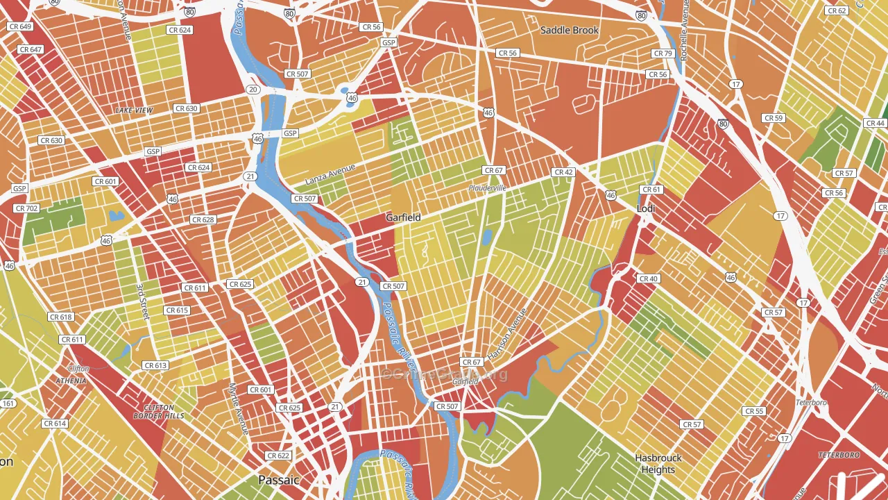 Garfield, NJ Map of Robbery Rates