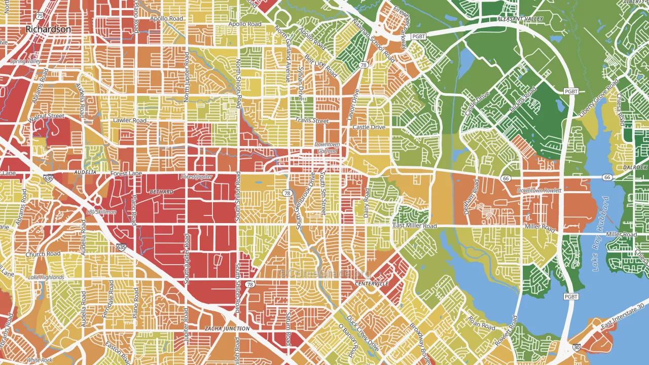Garland, TX Map of Robbery Rates