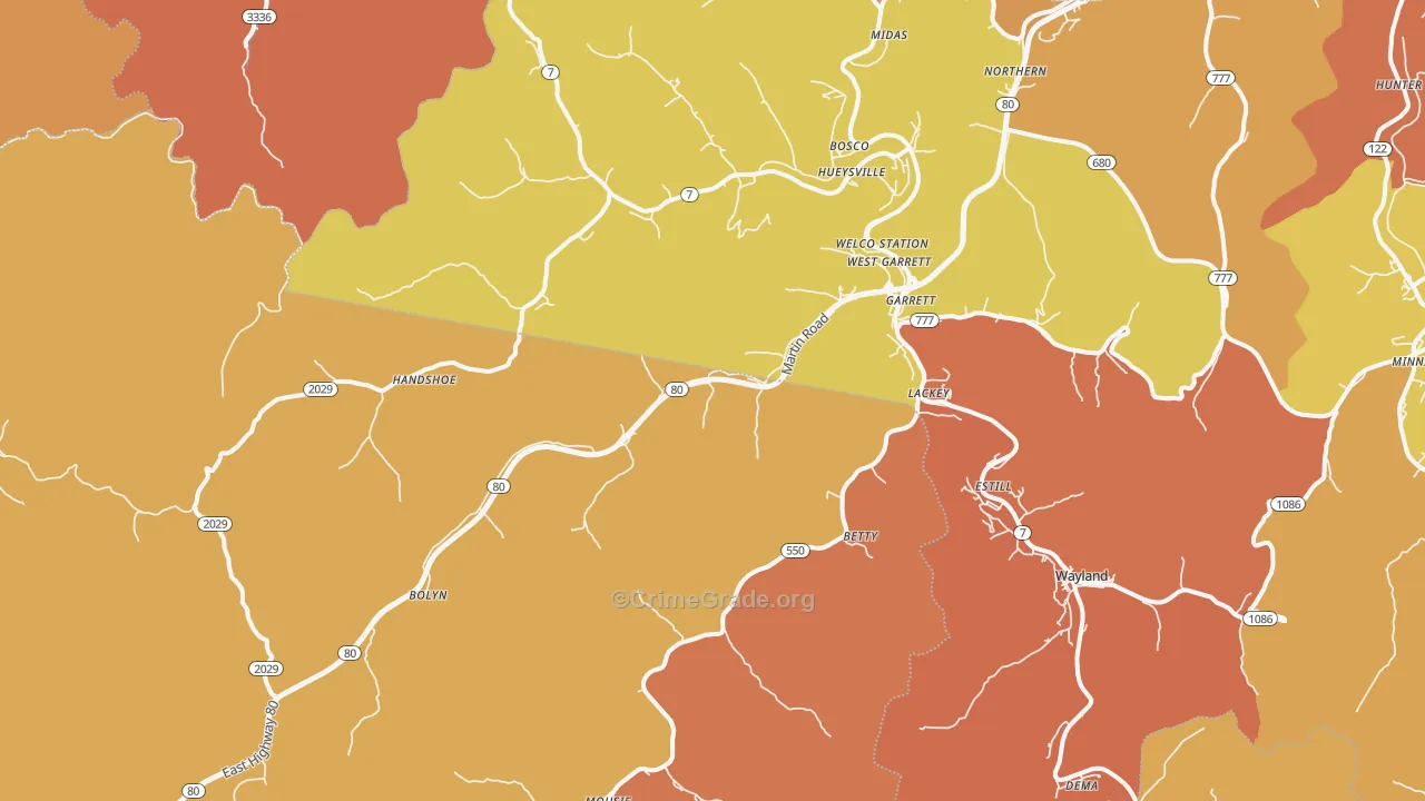 Garrett, KY Map of Robbery Rates