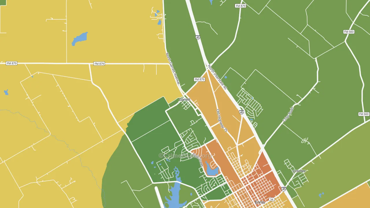 Garrett, TX Map of Robbery Rates