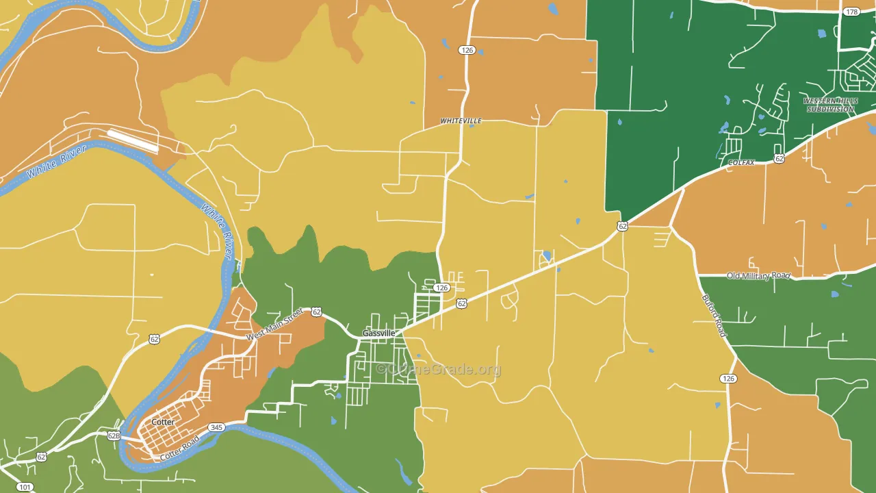 Gassville, AR Map of Robbery Rates
