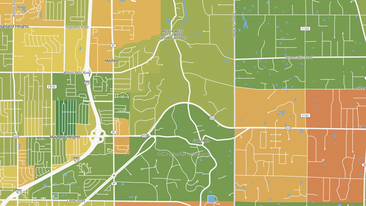 Gates Mills, OH Map of Robbery Rates