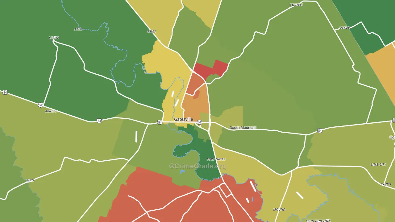 Gatesville, TX Map of Robbery Rates