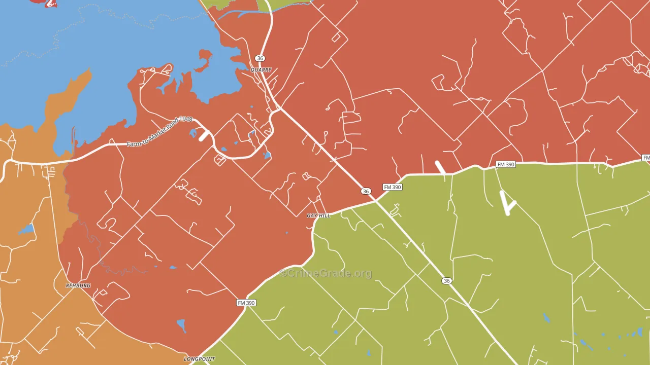Gay Hill, TX Map of Robbery Rates