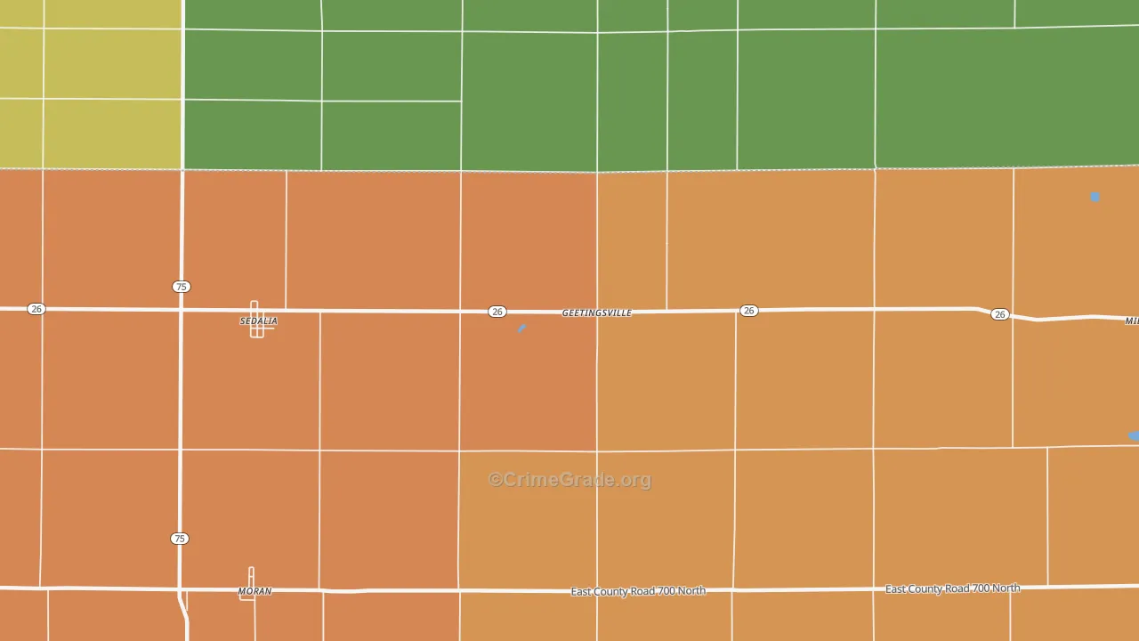 Geetingsville, IN Map of Robbery Rates
