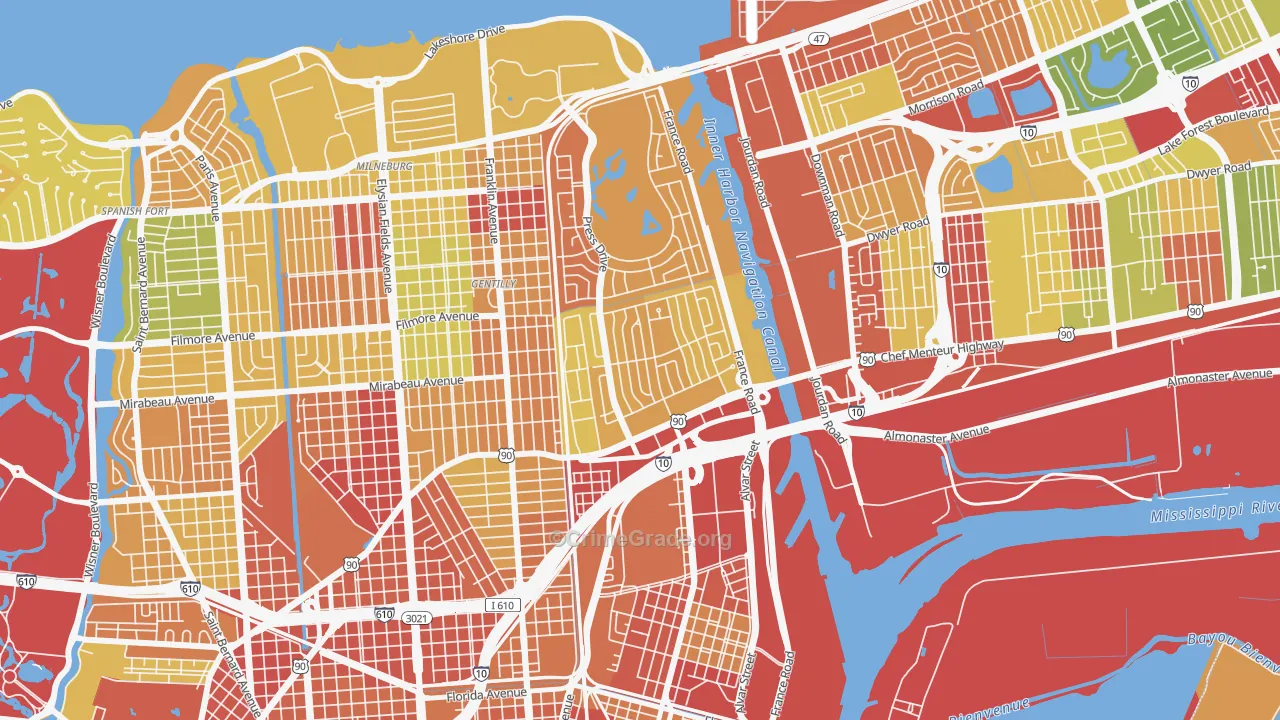 Gentilly Woods, New Orleans, LA Map of Robbery Rates