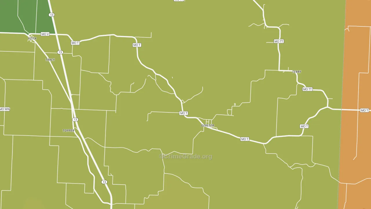 Gerster, MO Map of Robbery Rates