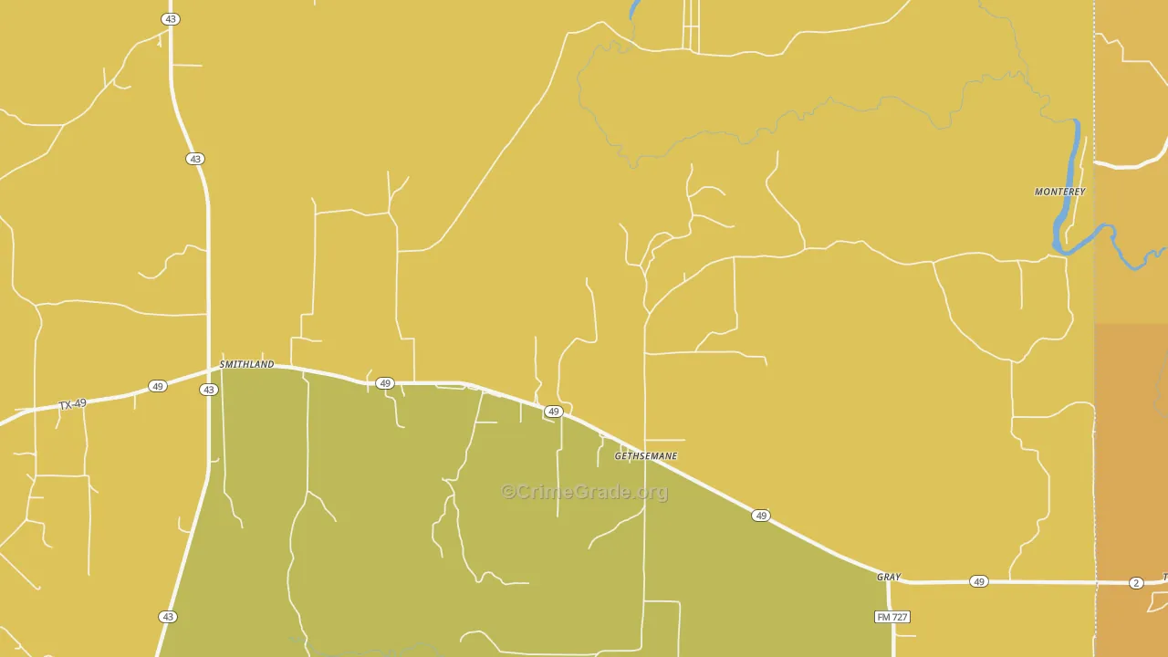 Gethsemane, TX Map of Robbery Rates