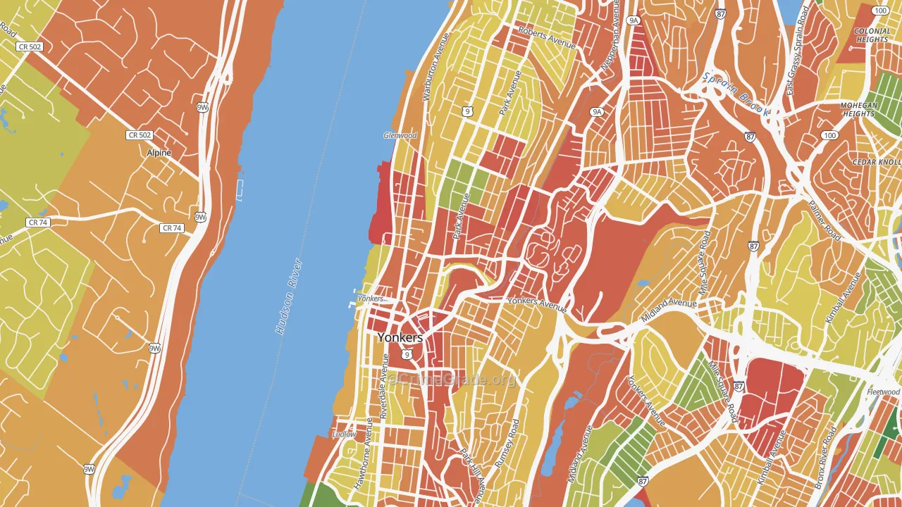 Getty Square, Yonkers, NY Map of Robbery Rates