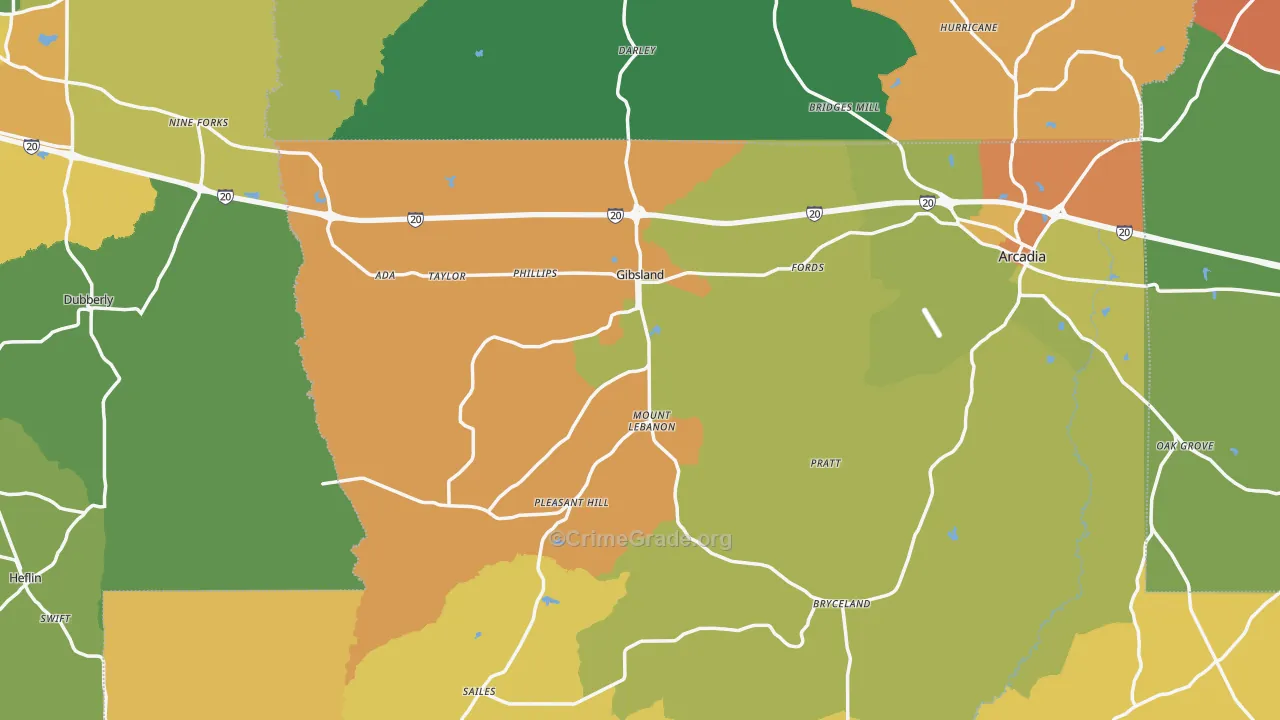 Gibsland, LA Map of Robbery Rates