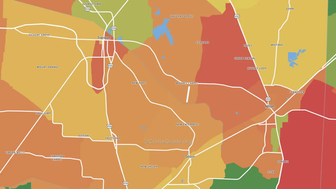 Gibson County, TN Map of Robbery Rates