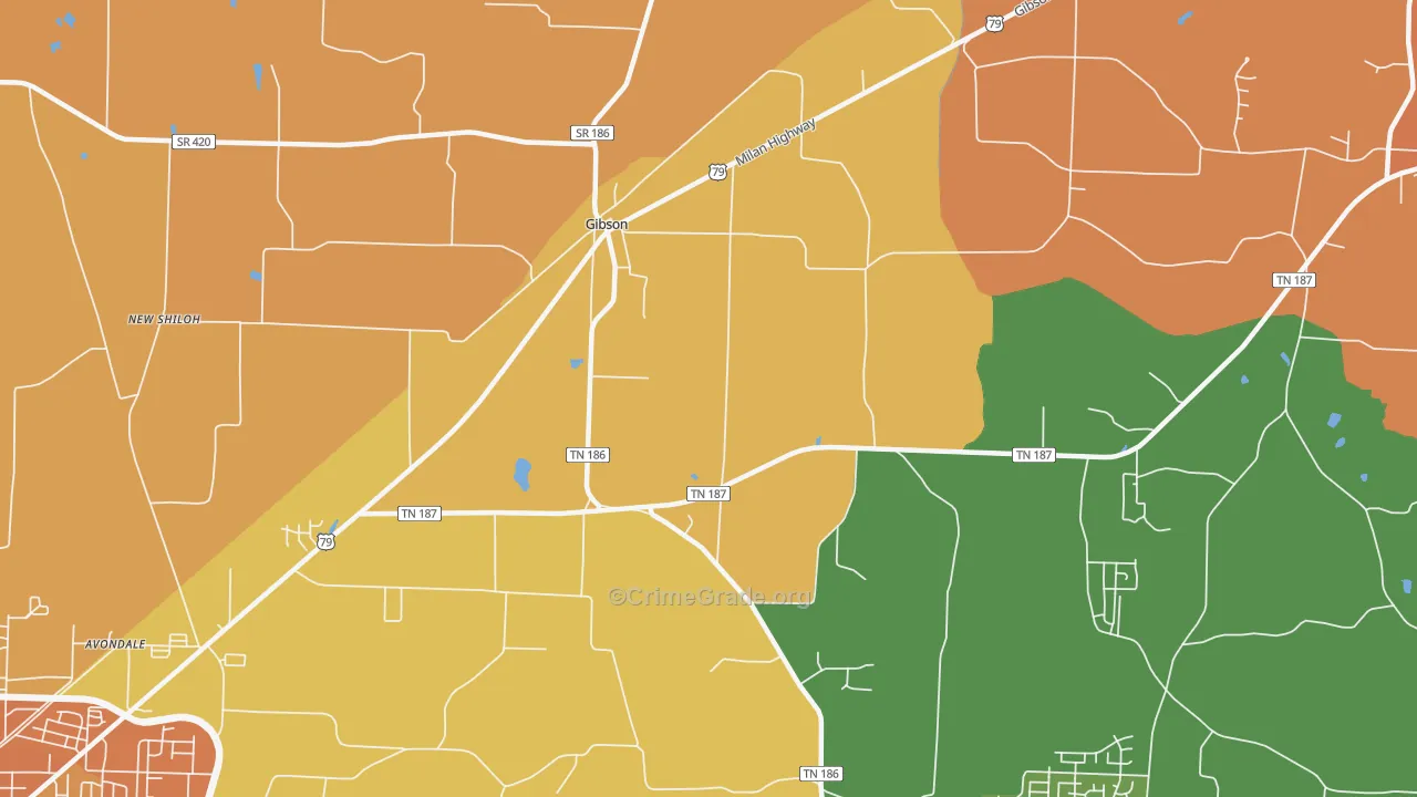 Gibson, TN Map of Robbery Rates