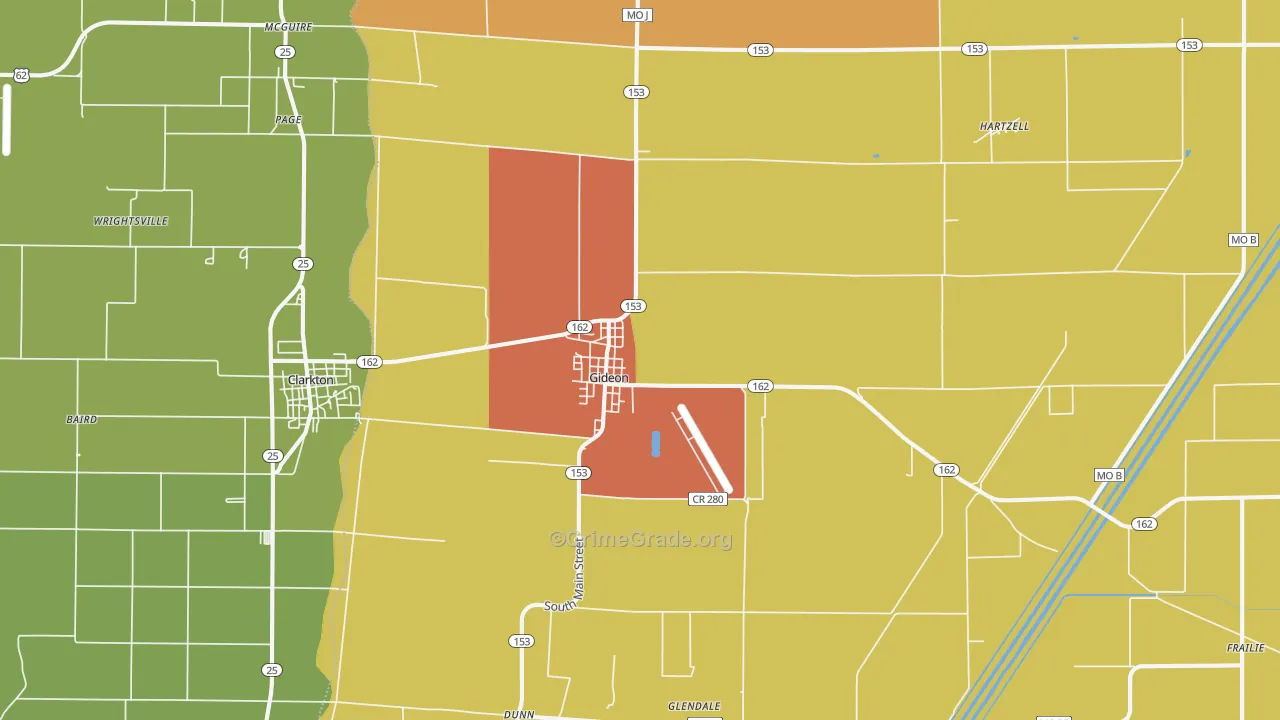 Gideon, MO Map of Robbery Rates