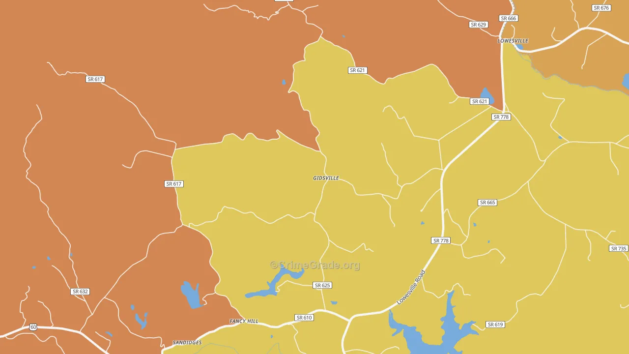 Gidsville, VA Map of Robbery Rates