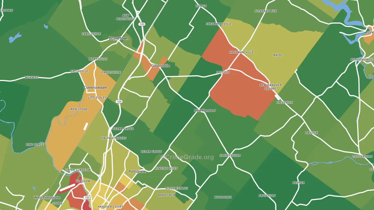Gilbertsville, PA Map of Robbery Rates