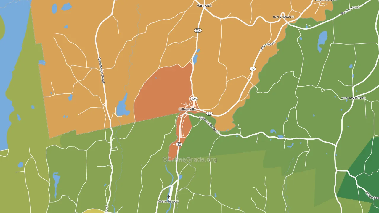 Gilbertville, MA Map of Robbery Rates