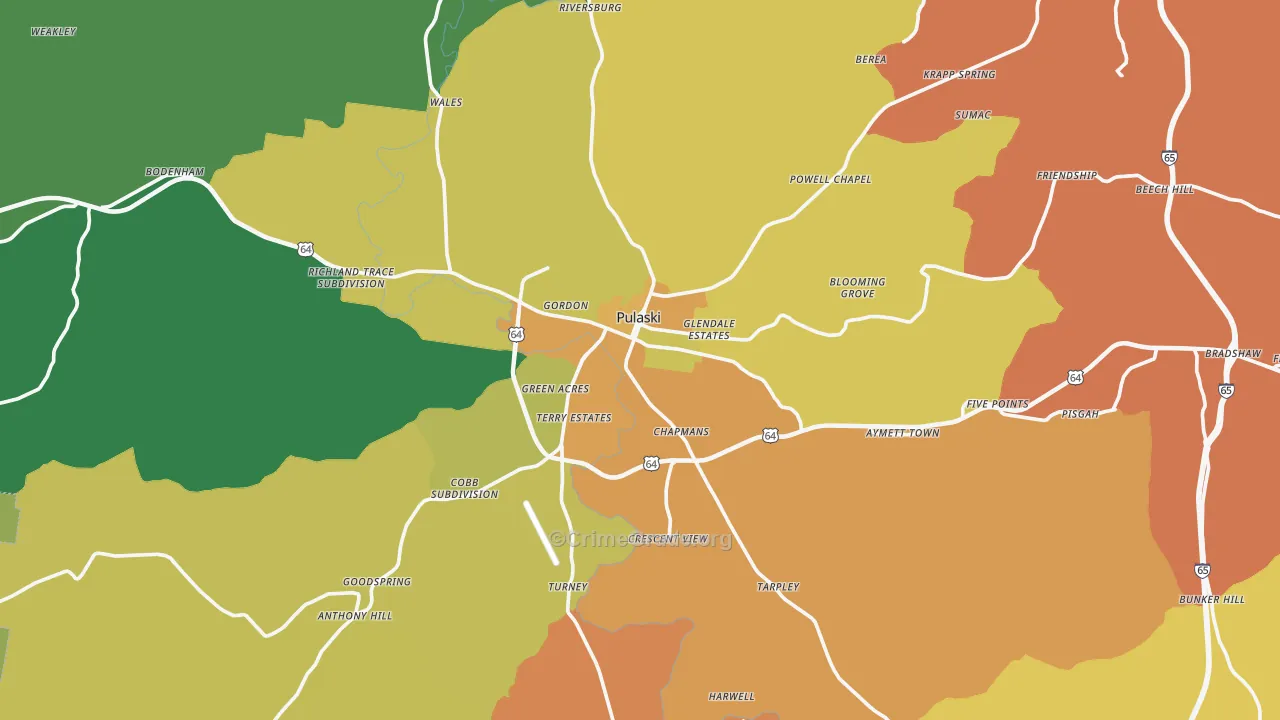 Giles County, TN Map of Robbery Rates