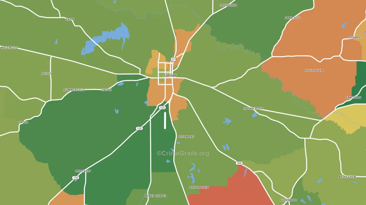 Gilmer, TX Map of Robbery Rates