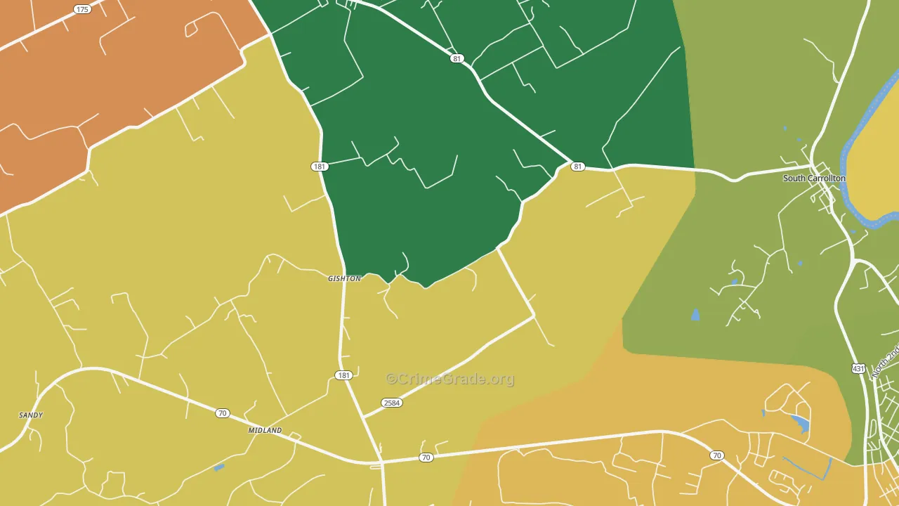 Gishton, KY Map of Robbery Rates