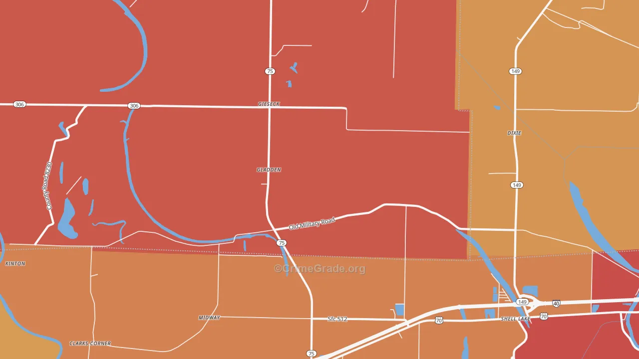 Gladden, AR Map of Robbery Rates