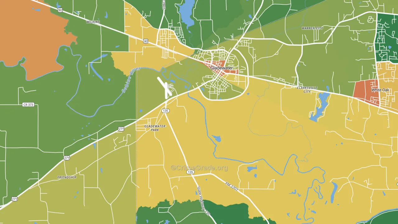Gladewater, TX Map of Robbery Rates