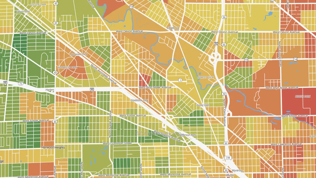 Gladstone, Chicago, IL Map of Robbery Rates