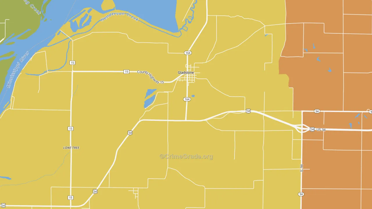 Gladstone, IL Map of Robbery Rates