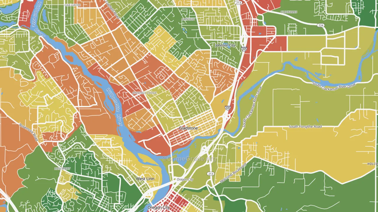 Gladstone, OR Map of Robbery Rates