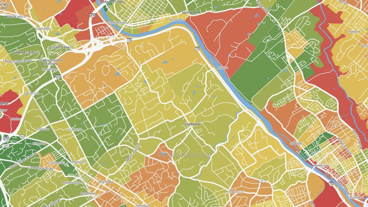 Gladwyne, PA Map of Robbery Rates
