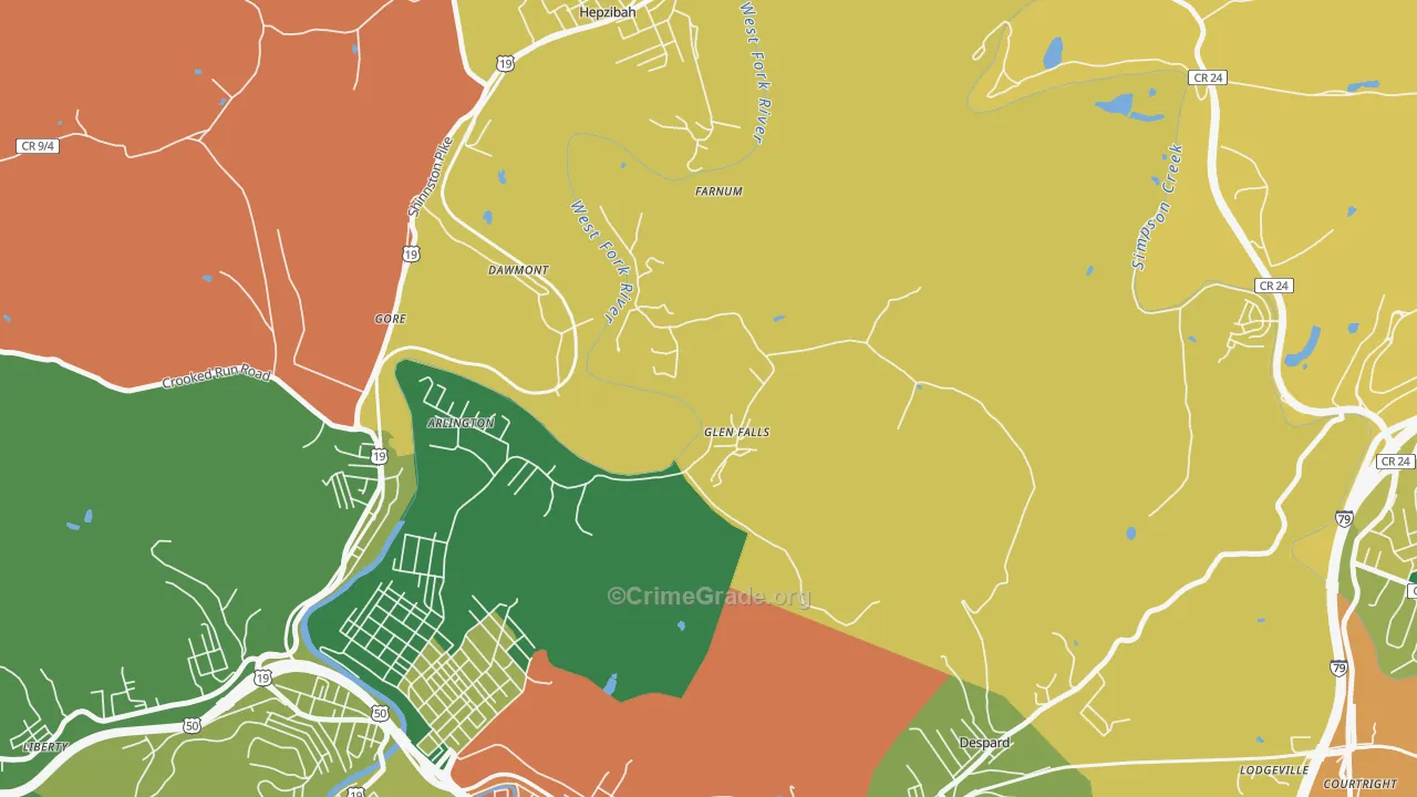 Glen Falls, WV Map of Robbery Rates