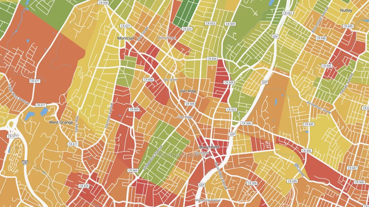 Glen Ridge, NJ Map of Robbery Rates