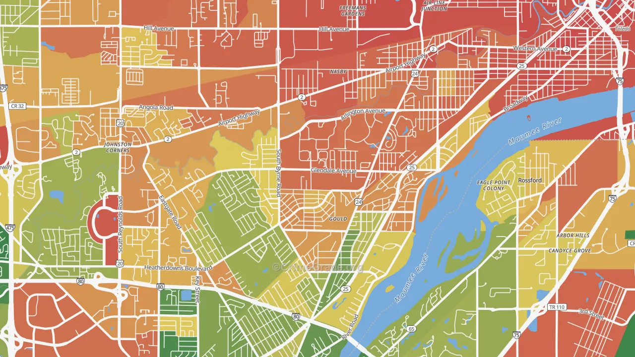 Glendale-Heatherdowns, Toledo, OH Map of Robbery Rates