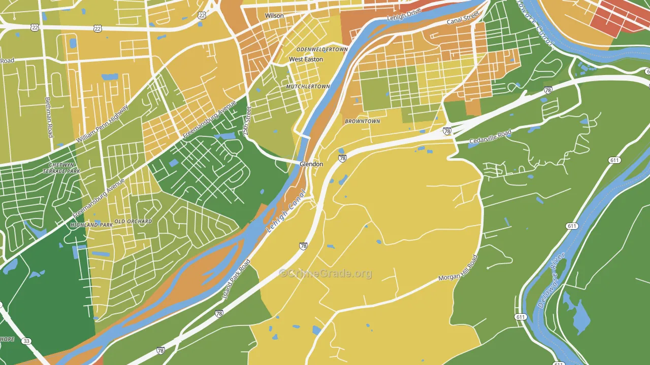 Glendon, PA Map of Robbery Rates