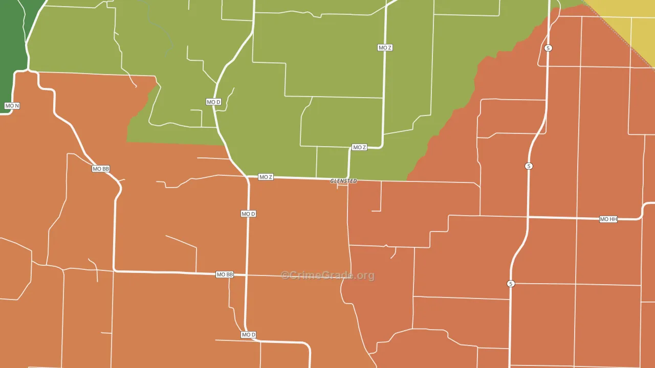 Glensted, MO Map of Robbery Rates
