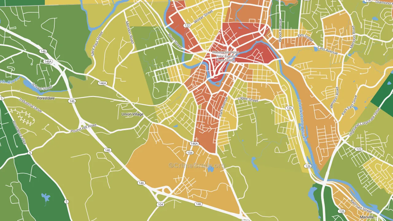 Globe, Woonsocket, RI Map of Robbery Rates