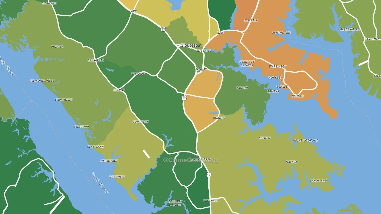 Gloucester County, VA Map of Robbery Rates