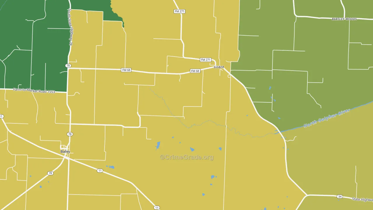 Gober, TX Map of Robbery Rates