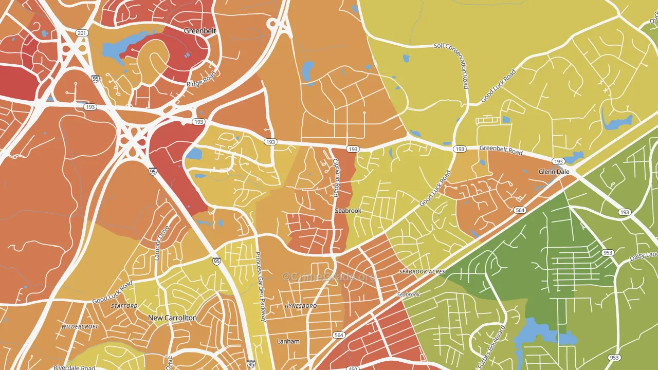 Goddard, Seabrook, MD Map of Robbery Rates