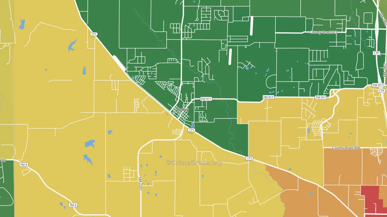 Godley, TX Map of Robbery Rates