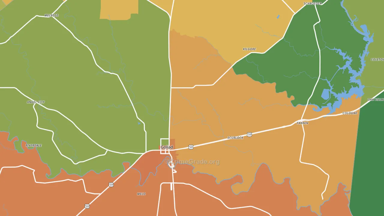 Goliad County, TX Map of Robbery Rates