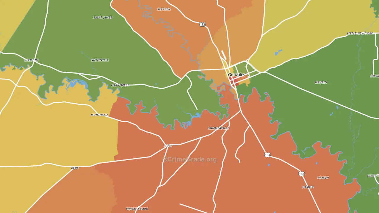 Gonzales County, TX Map of Robbery Rates