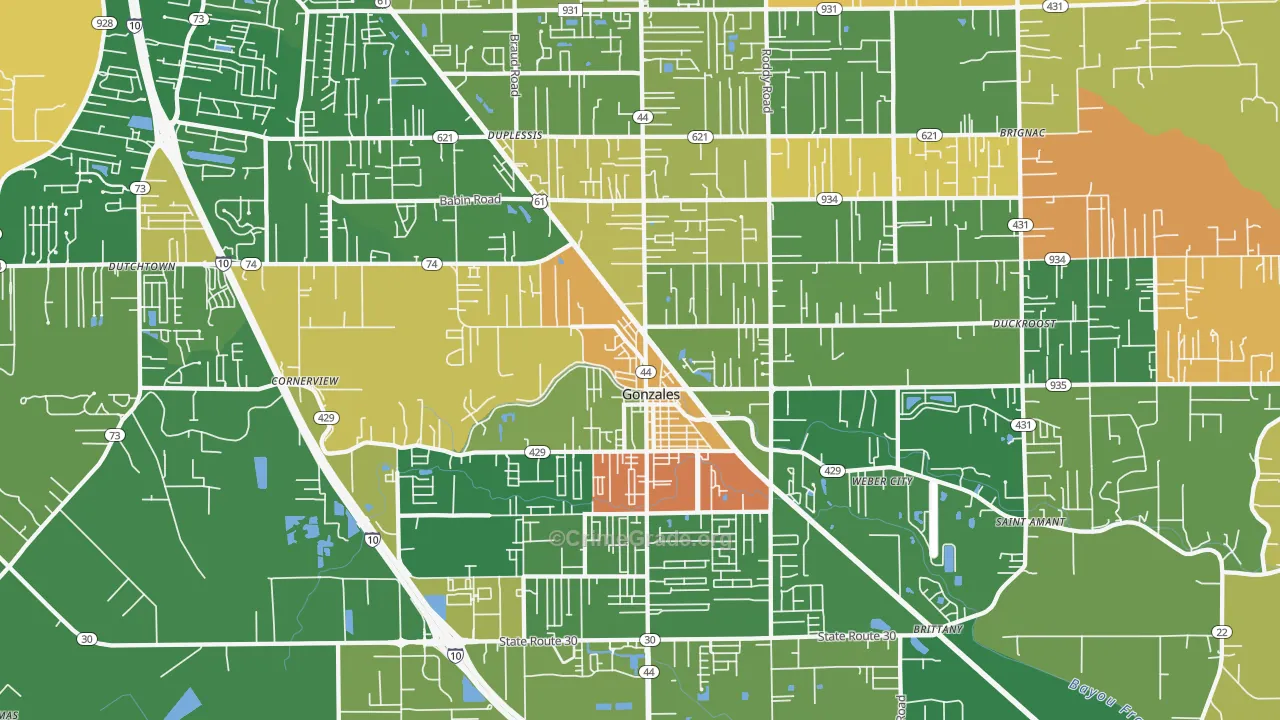 Gonzales, LA Map of Robbery Rates