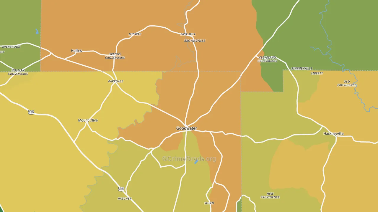 Goodwater, AL Map of Robbery Rates