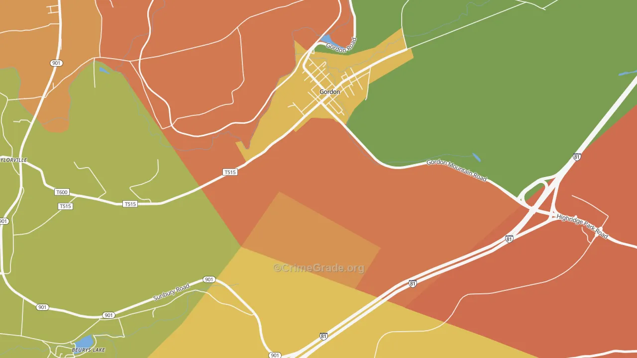 Gordon, PA Map of Robbery Rates
