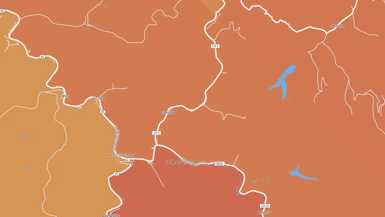 Gordon, WV Map of Robbery Rates